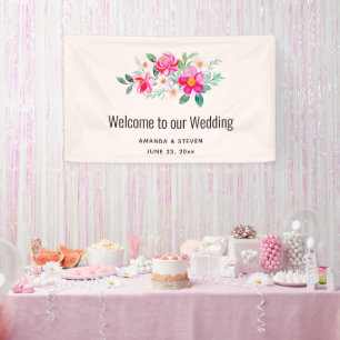 よくはしゃぐかわいらしピンクの花の結婚花束 横断幕