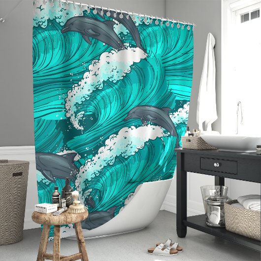 よくはしゃぐイルカと海波 シャワーカーテン