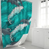 よくはしゃぐイルカと海波 シャワーカーテン