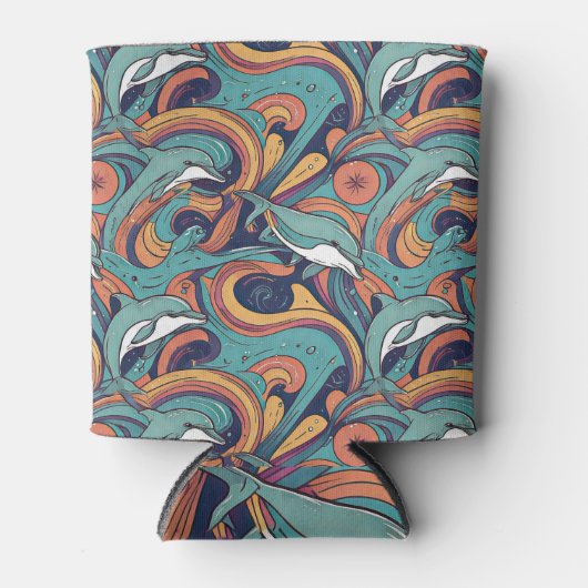 よくはしゃぐイルカのパターン – 海インスパイアデザイン 缶クーラー (正面)