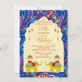 よくはしゃぐインディアン結婚ゾウの青い黄色のハルディ 招待状 (正面)