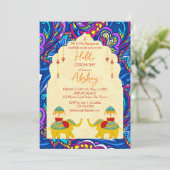 よくはしゃぐインディアン結婚ゾウの青い黄色のハルディ 招待状 (スタンド正面)
