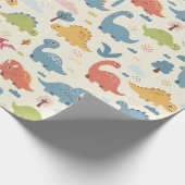 よくはしゃぐカラフル恐竜模様パーソナライズされた ラッピングペーパー (角)