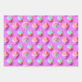 よくはしゃぐカラフル薄紫、青、ピンクのカップケーキ ラッピングペーパーシート