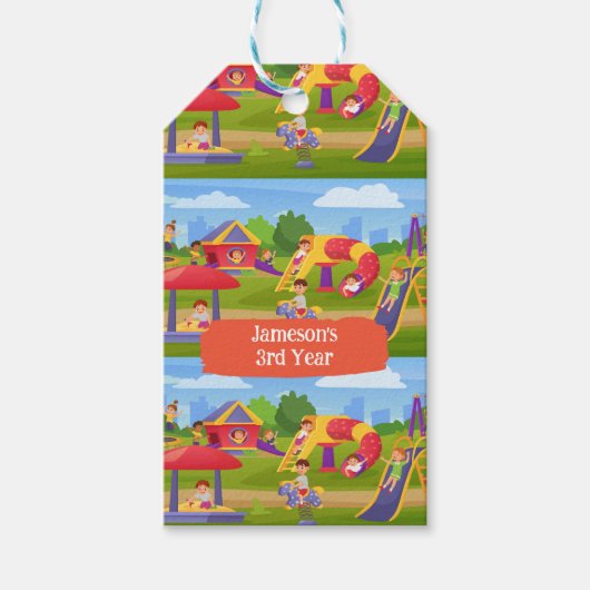 よくはしゃぐカラフルKids' Cartoon Playgroundおもしろい名 ギフトタグ (正面)