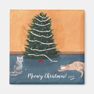 よくはしゃぐクリスマスツリーマグネットによる猫 マグネット
