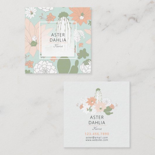 よくはしゃぐサボテン桃グリーンフローラルパターン スクエア名刺 (正面/裏面)