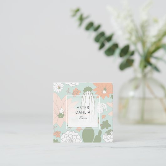 よくはしゃぐサボテン桃グリーンフローラルパターン スクエア名刺 (スタンド正面)