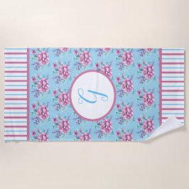 よくはしゃぐストライプとピンクの花束 ビーチタオル