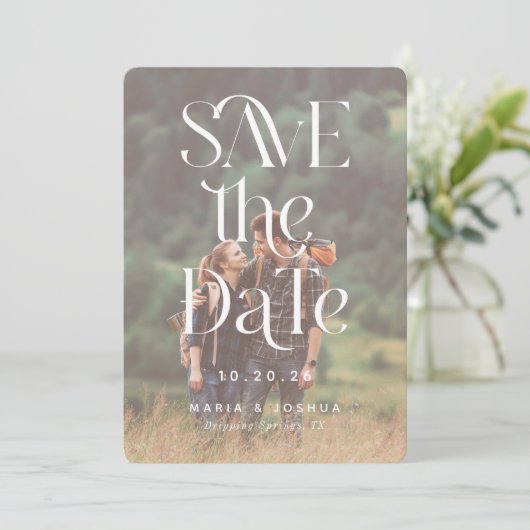 よくはしゃぐタイポグラフィ結婚の写真の日付の保存 セーブザデート (スタンド正面)