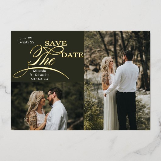 よくはしゃぐタイポグラフィ2写真の保存日付 箔招待状 (正面)