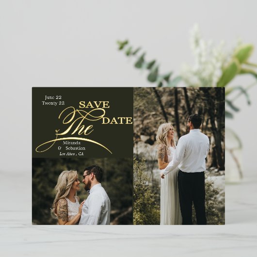 よくはしゃぐタイポグラフィ2写真の保存日付 箔招待状 (立ち正面)