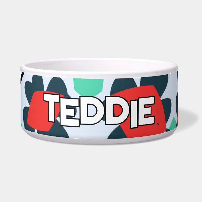 よくはしゃぐティール（緑がかった色）&レッドフローラペット ボウル (正面)