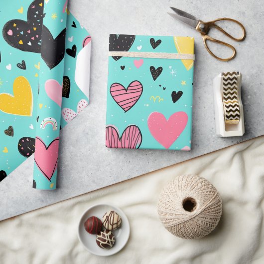 よくはしゃぐハート包装紙 ラッピングペーパー (クラフト)