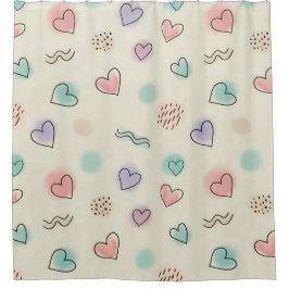 よくはしゃぐハート、ドット、波線のドードル シャワーカーテン