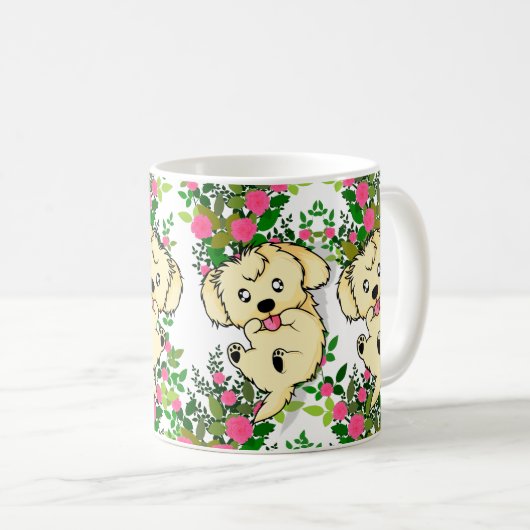 よくはしゃぐバラと自然の庭の犬 コーヒーマグカップ (正面右)