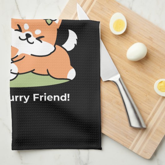 よくはしゃぐフラワークラウン付き犬 – おもしろい春テーマ キッチンタオル (四つ折り)