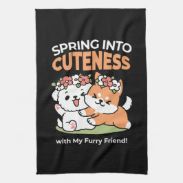 よくはしゃぐフラワークラウン付き犬 – おもしろい春テーマ キッチンタオル