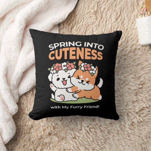 よくはしゃぐフラワークラウン付き犬 – おもしろい春テーマ クッション (ブランケット)