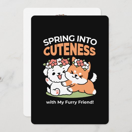 よくはしゃぐフラワークラウン付き犬 – おもしろい春テーマ シーズンカード (正面/裏面)
