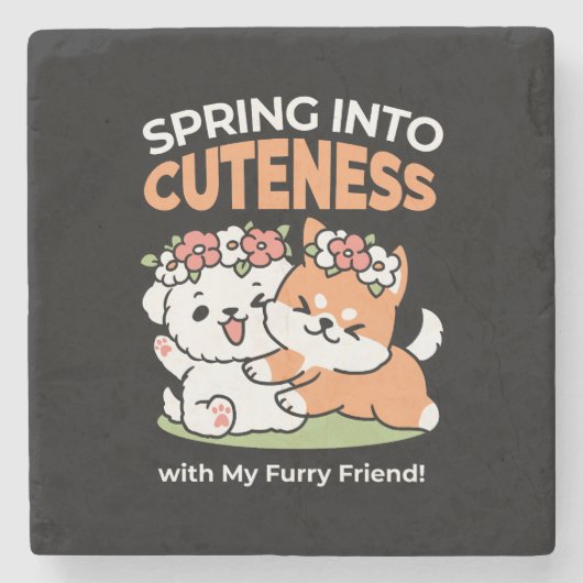 よくはしゃぐフラワークラウン付き犬 – おもしろい春テーマ ストーンコースター (正面)