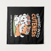 よくはしゃぐフラワークラウン付き犬 – おもしろい春テーマ タペストリー (正面(横))