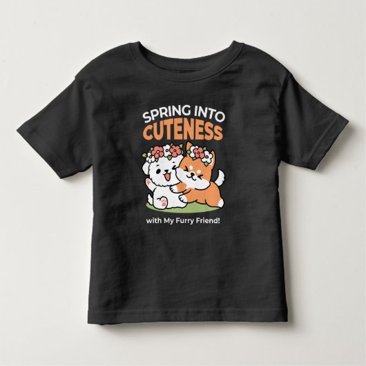 よくはしゃぐフラワークラウン付き犬 – おもしろい春テーマ トドラーTシャツ (正面)