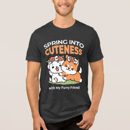 よくはしゃぐフラワークラウン付き犬 – おもしろい春テーマ トライブレンドTシャツ