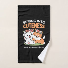 よくはしゃぐフラワークラウン付き犬 – おもしろい春テーマ ハンドタオル