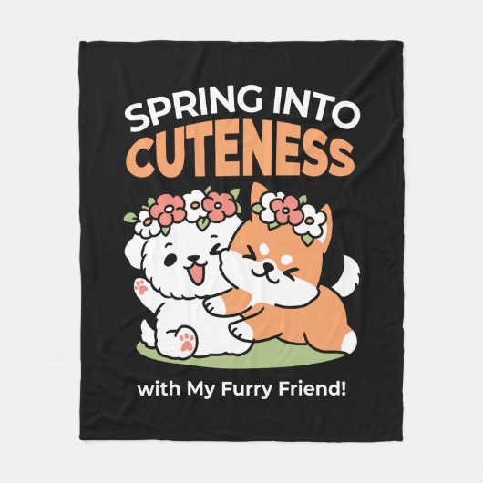 よくはしゃぐフラワークラウン付き犬 – おもしろい春テーマ フリースブランケット (正面)