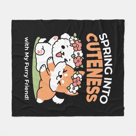 よくはしゃぐフラワークラウン付き犬 – おもしろい春テーマ フリースブランケット (正面(横))