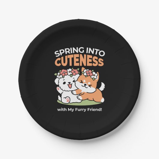 よくはしゃぐフラワークラウン付き犬 – おもしろい春テーマ ペーパープレート (正面)