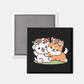 よくはしゃぐフラワークラウン付き犬 – おもしろい春テーマ マグネット (正面/裏面)