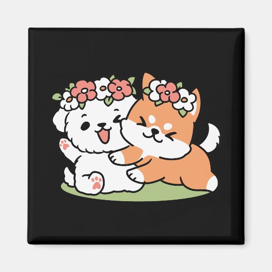 よくはしゃぐフラワークラウン付き犬 – おもしろい春テーマ マグネット (正面)