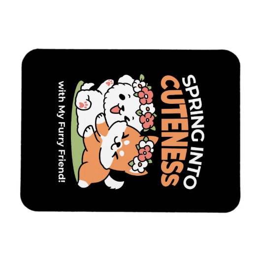 よくはしゃぐフラワークラウン付き犬 – おもしろい春テーマ マグネット (横)