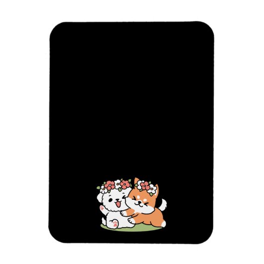 よくはしゃぐフラワークラウン付き犬 – おもしろい春テーマ マグネット (縦)