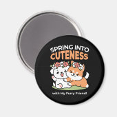 よくはしゃぐフラワークラウン付き犬 – おもしろい春テーマ マグネット (正面/裏面)