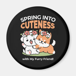 よくはしゃぐフラワークラウン付き犬 – おもしろい春テーマ マグネット