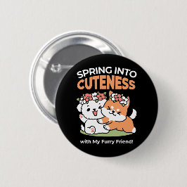 よくはしゃぐフラワークラウン付き犬 – おもしろい春テーマ 缶バッジ