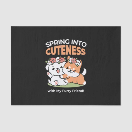 よくはしゃぐフラワークラウン付き犬 – おもしろい春テーマ 薄葉紙 (正面)