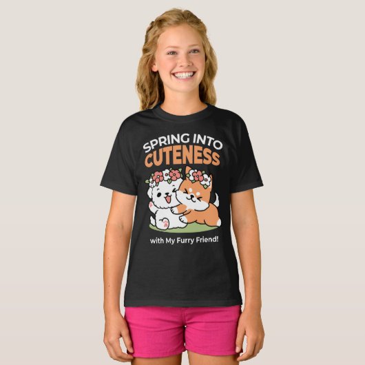 よくはしゃぐフラワークラウン付き犬 – おもしろい春テーマ Tシャツ (正面フル)