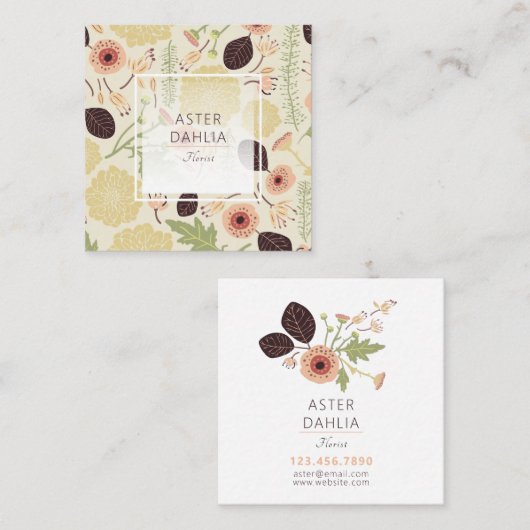 よくはしゃぐフローラクリームピンク緑のパターン(の模様が)ある花 スクエア名刺 (正面/裏面)