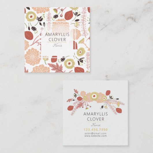 よくはしゃぐフローラミックス桃緑図解入りの、写真付きの花 スクエア名刺 (正面/裏面)