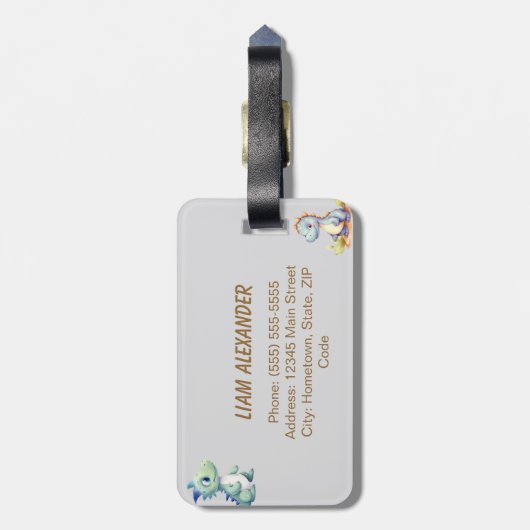 よくはしゃぐ可愛い恐竜パーソナライズされた ラゲッジタグ (裏面縦)