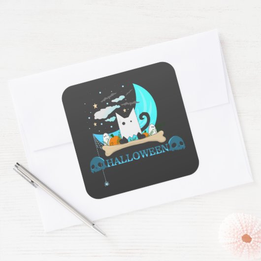 よくはしゃぐ幽霊キャットハントハロウィーンナイト スクエアシール (封筒)