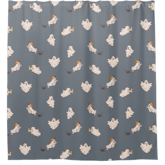 よくはしゃぐ幽霊ハロウィーンパターン シャワーカーテン (正面)