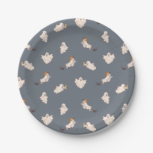 よくはしゃぐ幽霊ハロウィーンパターン ペーパープレート (正面)