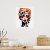 よくはしゃぐ抽象芸術顔アート：Burst of Whimsカラフル ポスター (キッチン)