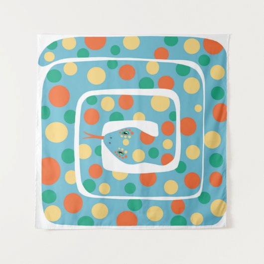 よくはしゃぐ水玉模様ブルーとオレンジの抽象芸術ヘビ タペストリー (正面)