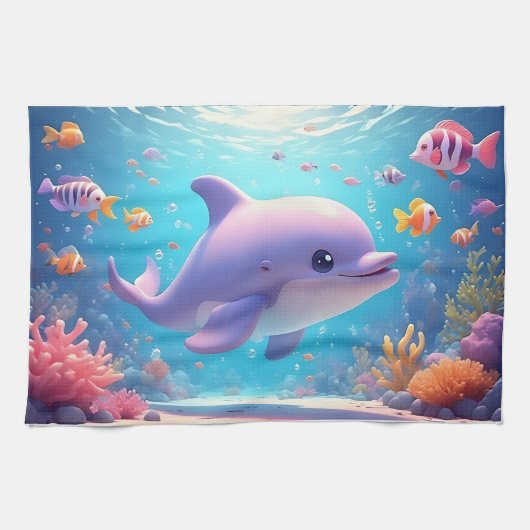 よくはしゃぐ熱帯魚のカラフル中のイルカ キッチンタオル (横)